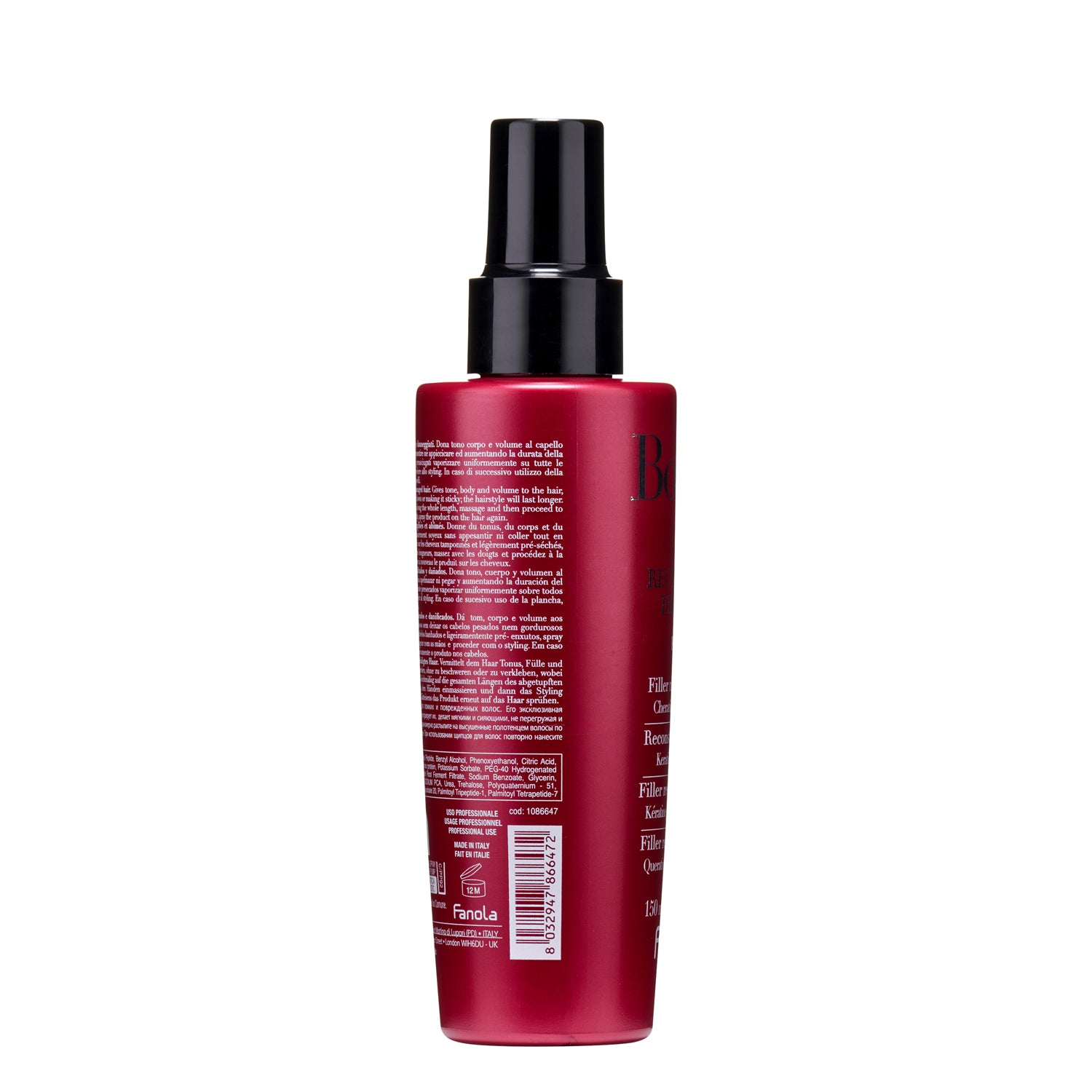 Red hair spray bottle with black nozzle, professional use, made in Italy, for volume and styling