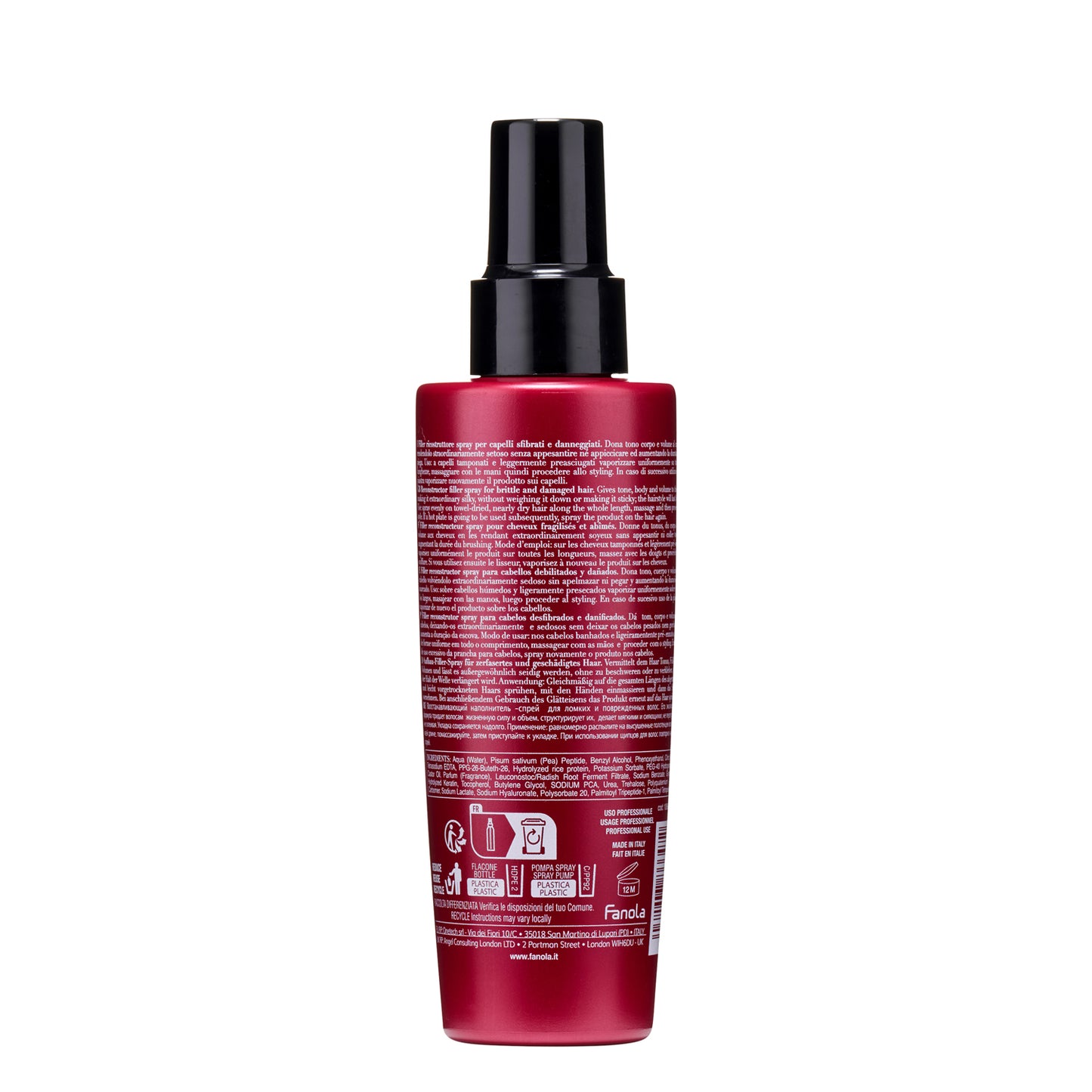 Fanola hair repair spray for damaged hair, red bottle with black pump, professional salon use