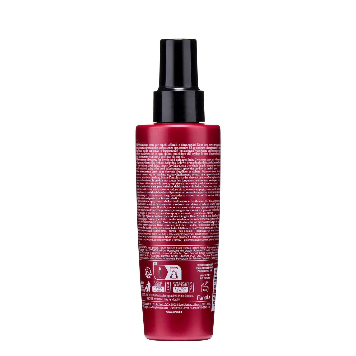 Fanola hair repair spray for damaged hair, red bottle with black pump, professional salon use