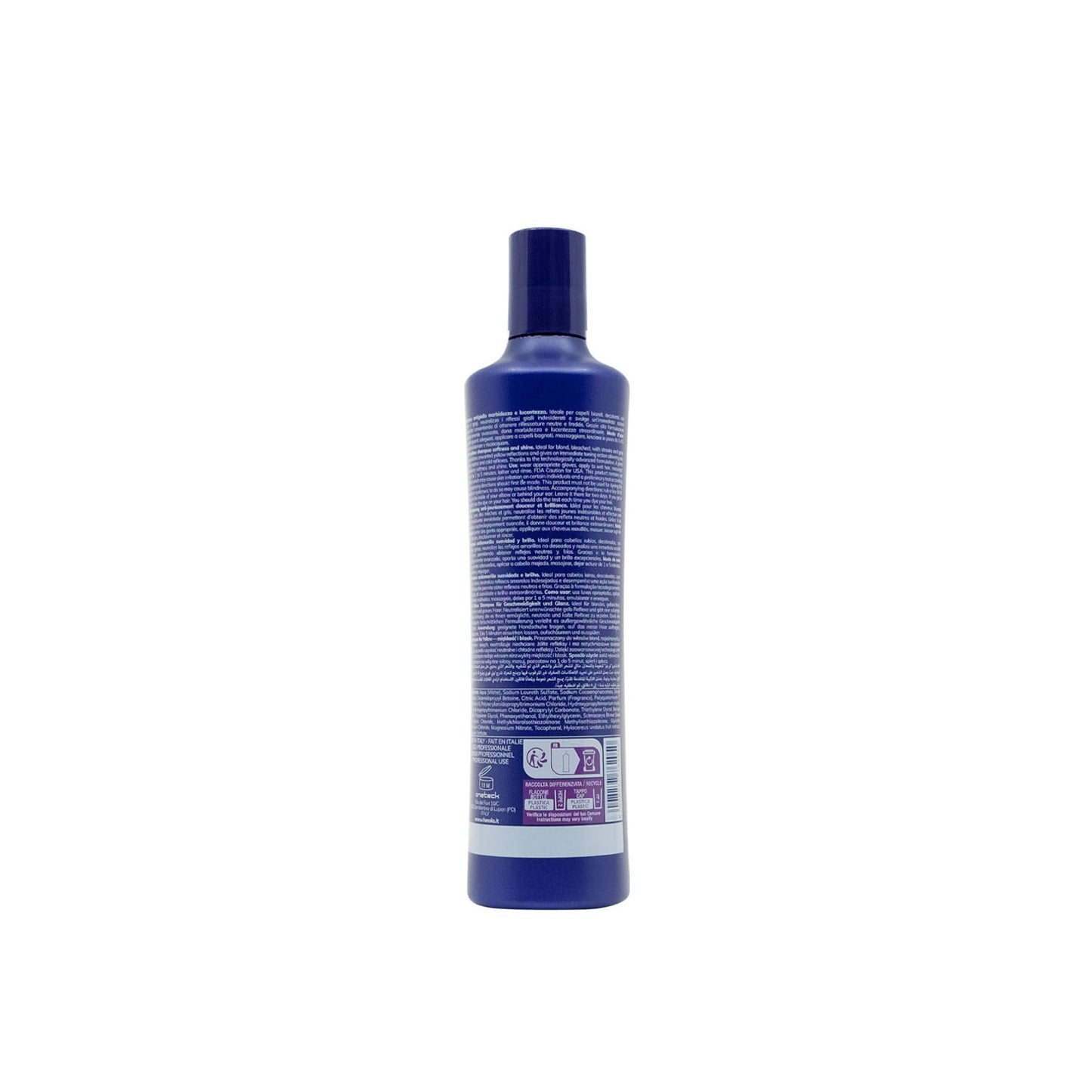 Blue bottle of professional hair treatment with multilingual instructions, ideal for blond and bleached hair care.