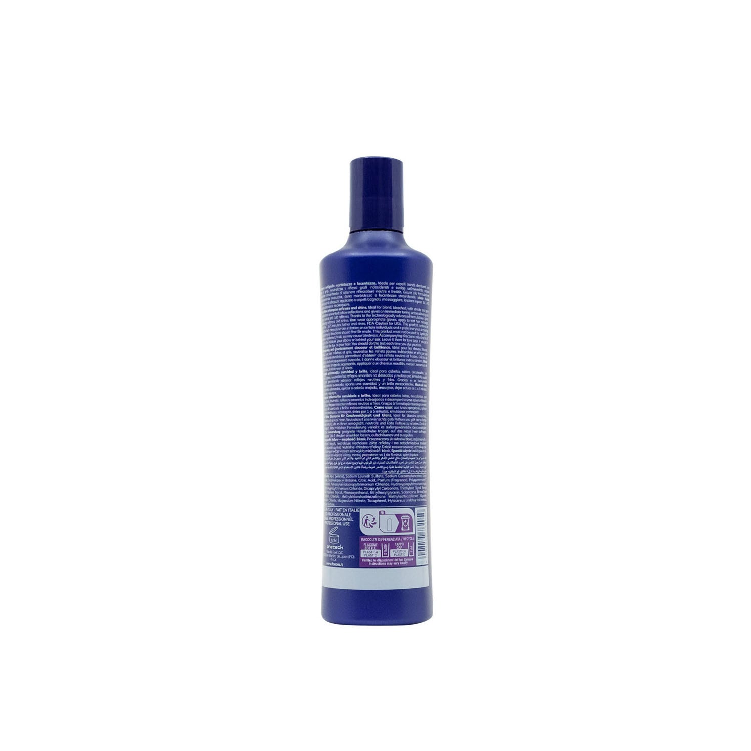 Blue bottle of professional hair treatment with multilingual instructions, ideal for blond and bleached hair care.