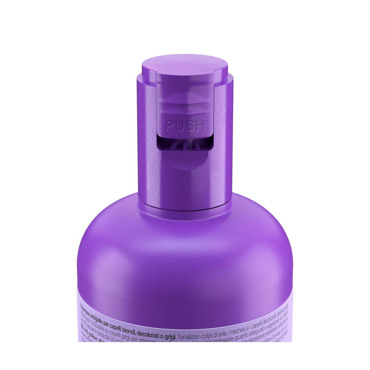 Purple anti-yellow shampoo bottle with push cap for blonde, gray, or bleached hair care