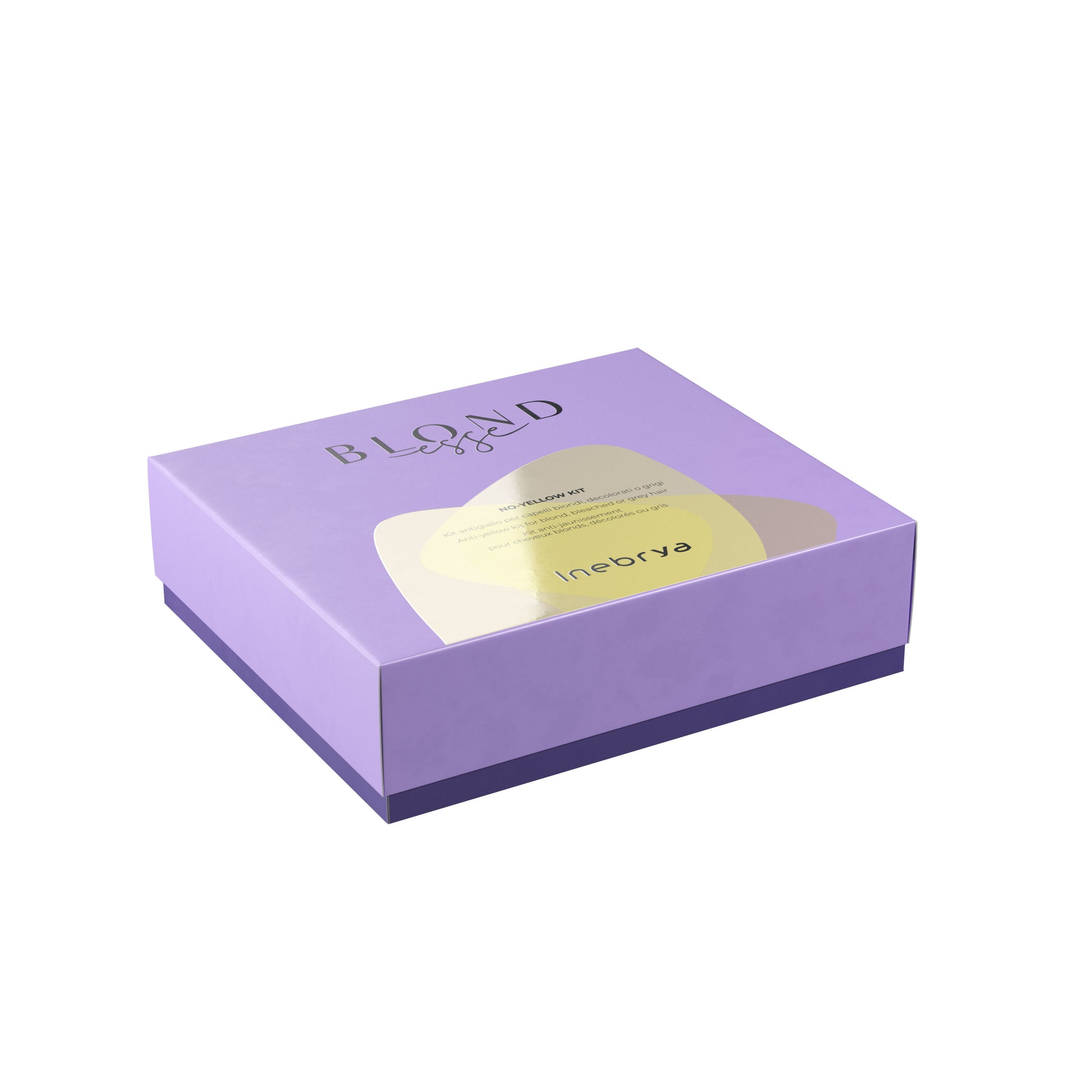 Purple box of Inebrya Blond No-Yellow Kit for blonde, bleached or grey hair care