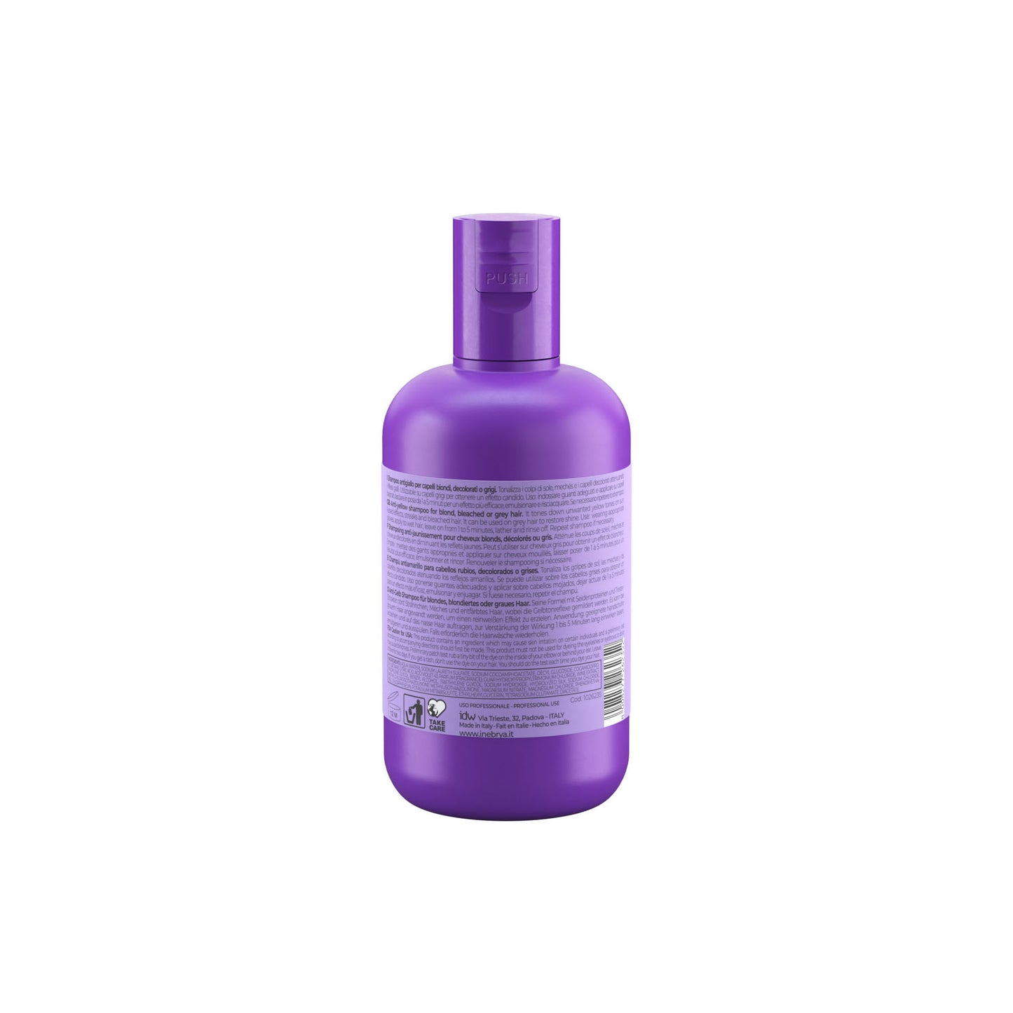 Purple anti-yellow shampoo for blond, bleached or grey hair with multilingual label