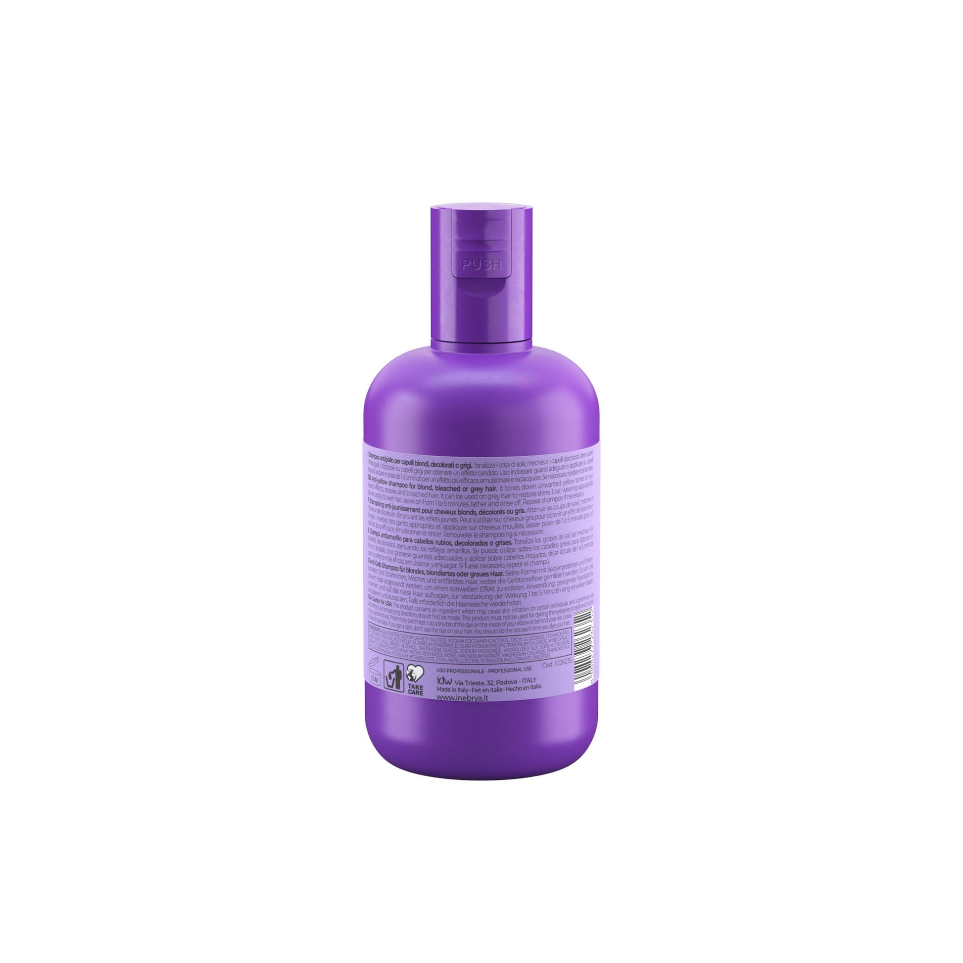 Purple anti-yellow shampoo for blond, bleached or grey hair with multilingual label
