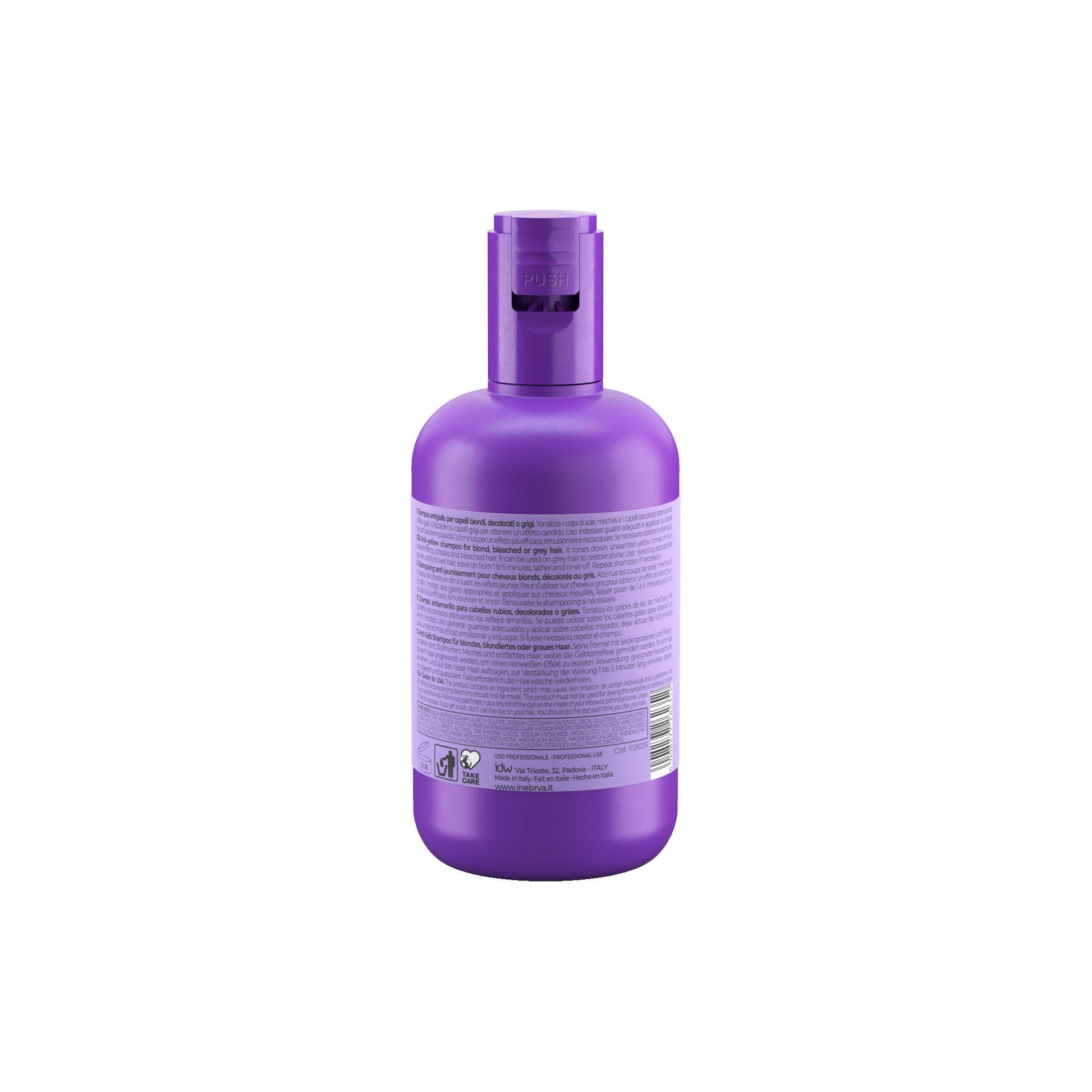 Purple anti-yellow shampoo for blonde, bleached, or grey hair with push cap, professional use