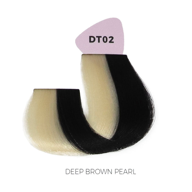 DT02 Deep Brown Pearl hair color swatch with black and beige tones for salon use