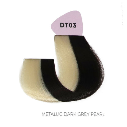 DT03 Metallic Dark Grey Pearl hair color swatch, showcasing sleek black and pearl blonde tones