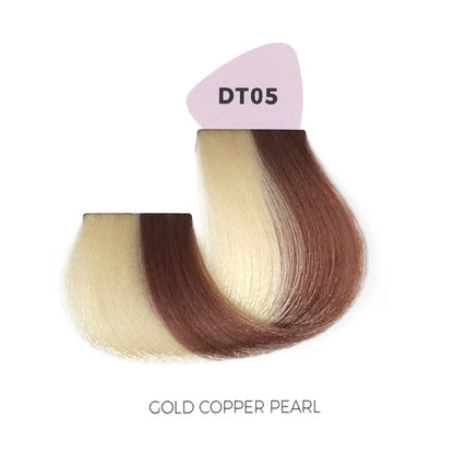 Gold Copper Pearl hair color swatch DT05, showcasing warm blonde to rich copper tones for beauty styling.