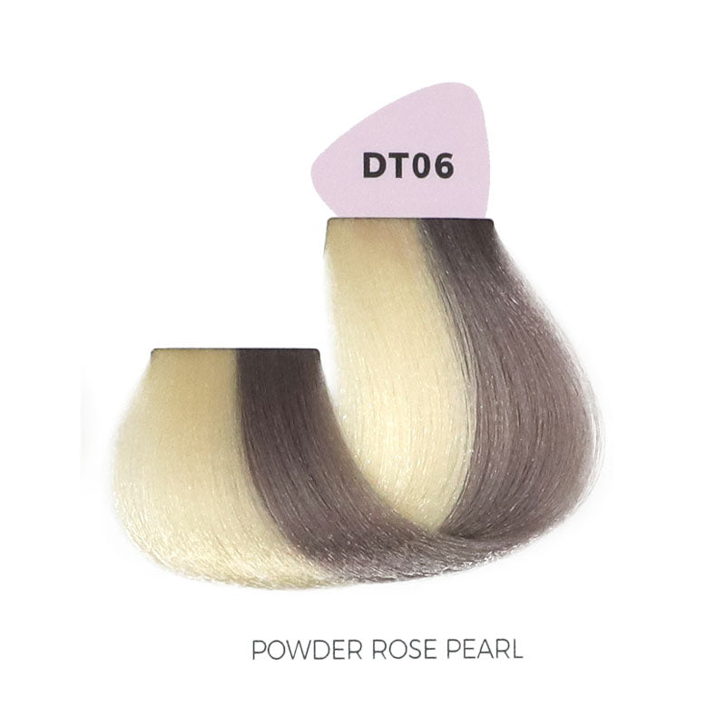 DT06 Powder Rose Pearl hair color swatch with soft blonde to dusty rose ombre tone