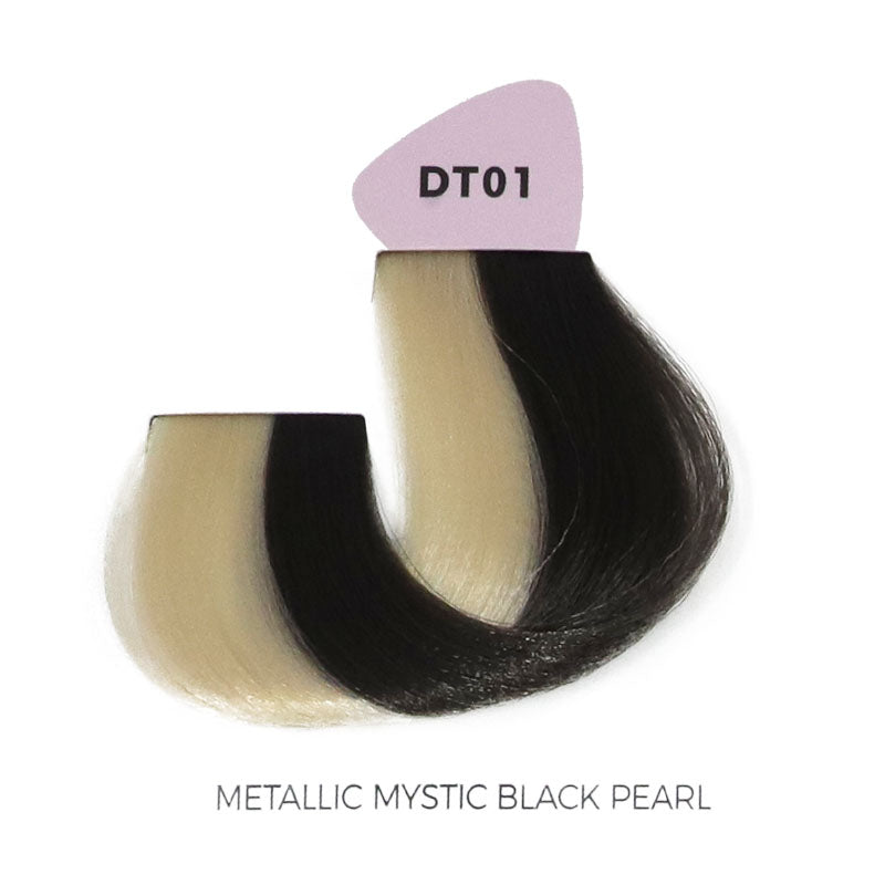 DT01 Metallic Mystic Black Pearl hair swatch, showcasing sleek black and pearl blonde tones for salon color selection.