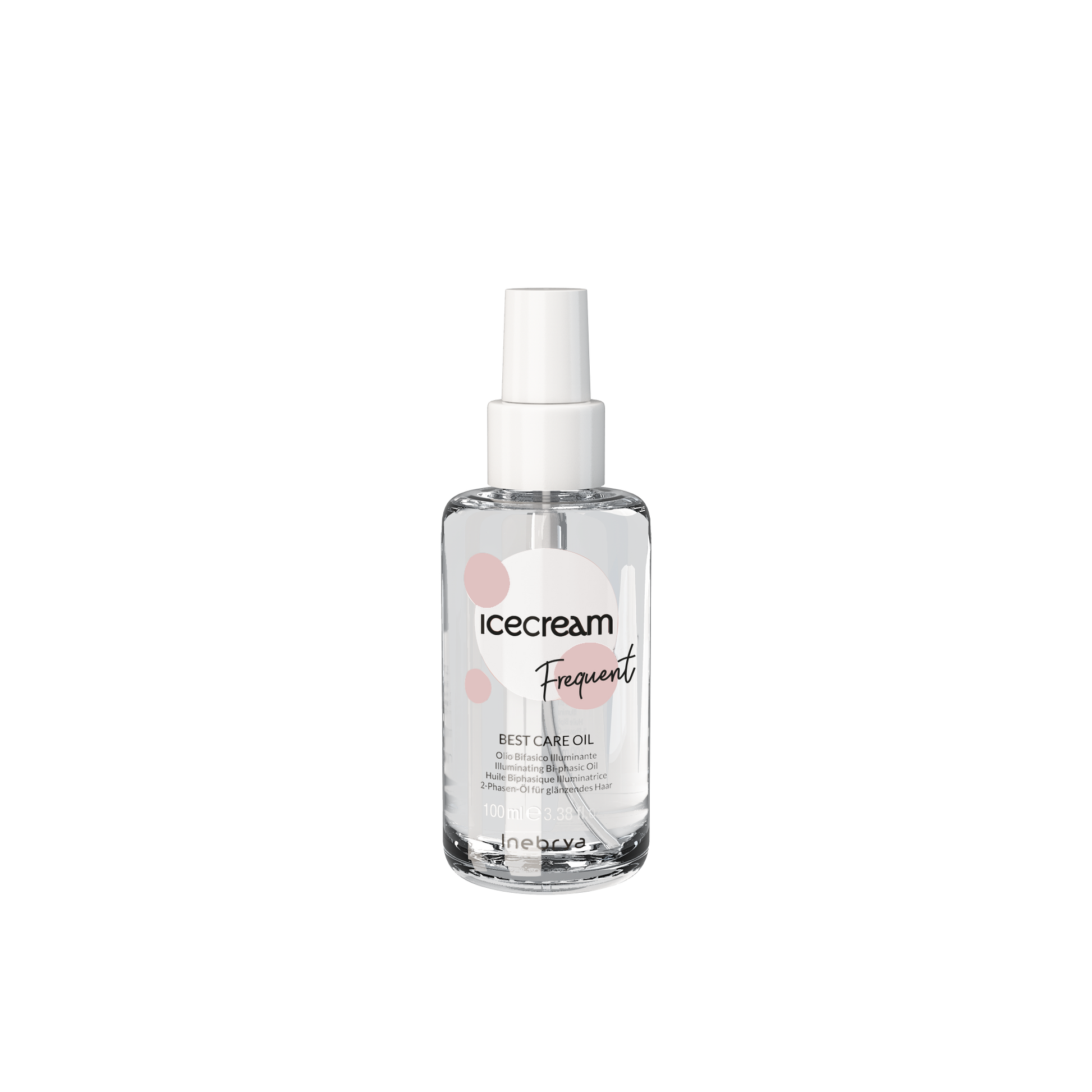 Icecream Frequent Best Care Oil, 100ml illuminating bi-phasic hair oil in clear spray bottle