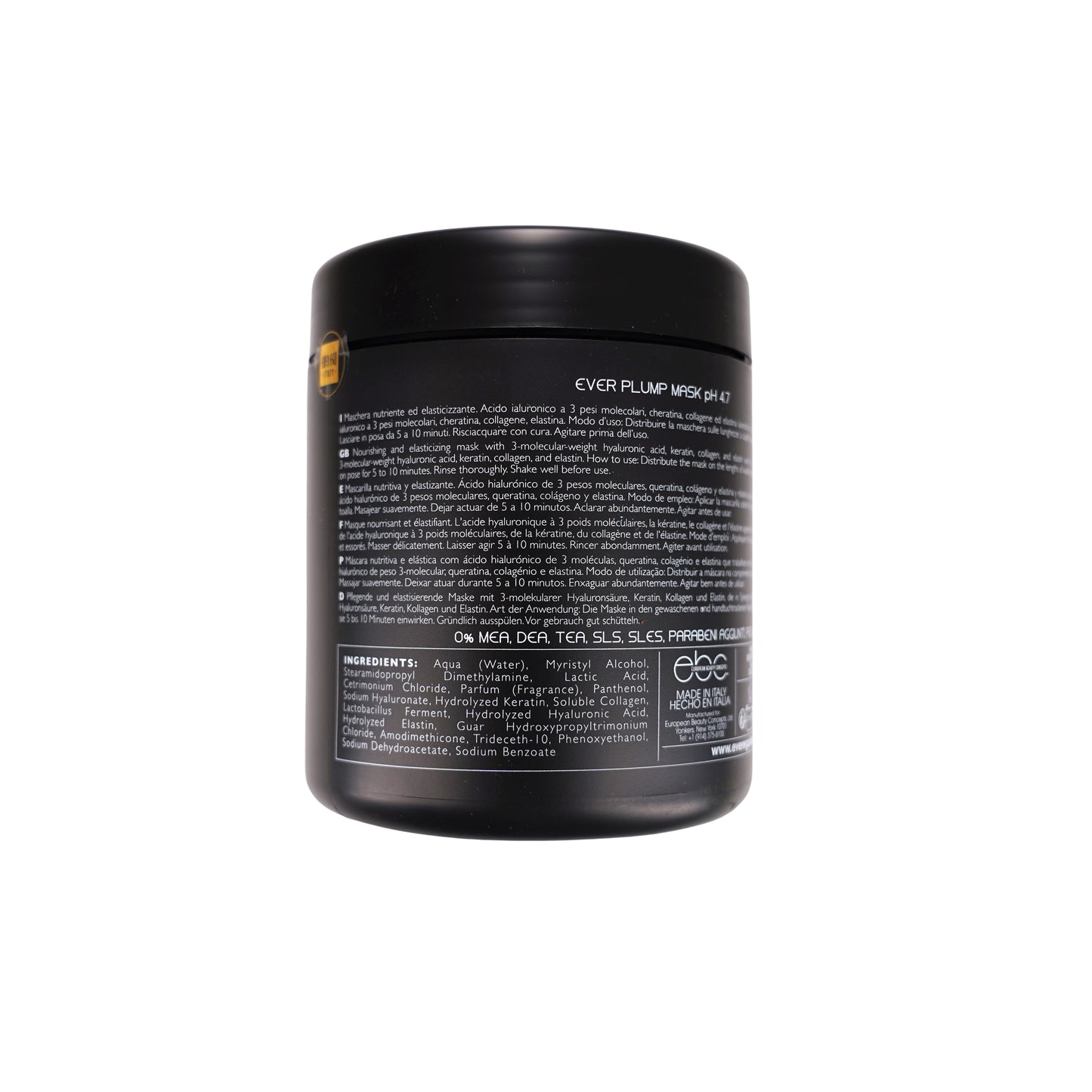 Ever Plump Mask pH 4.7 nourishing hair treatment with hyaluronic acid, keratin, collagen, made in Italy