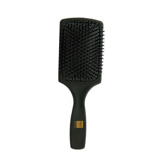 Black paddle hairbrush with vented cushion for detangling and styling