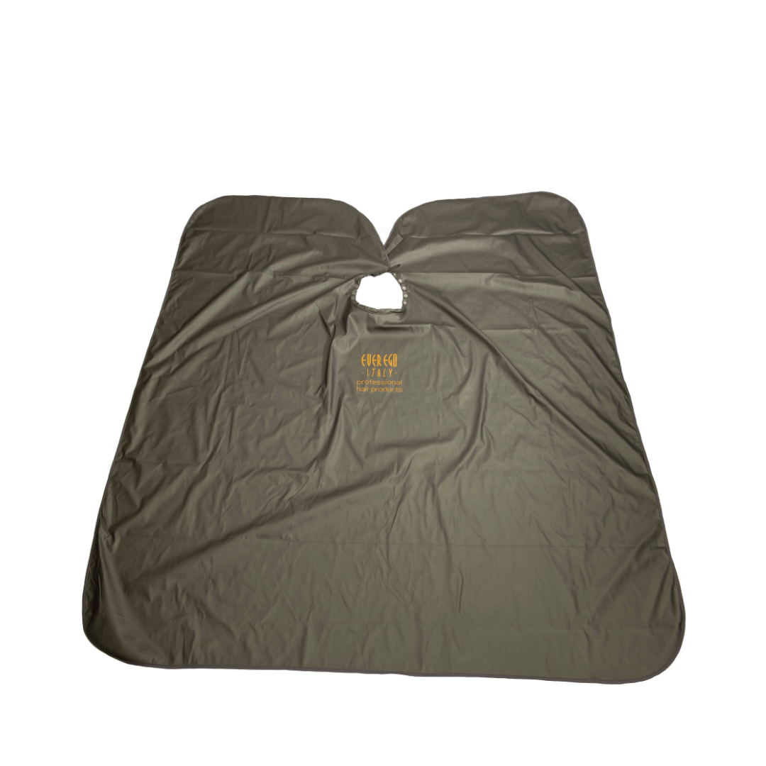 Olive green salon cape with neck hole, branded 'Ever Eco Italy' for professional hair coloring and styling