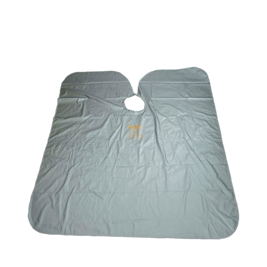 Gray waterproof salon cape for hair coloring and styling, featuring neck hole and professional design