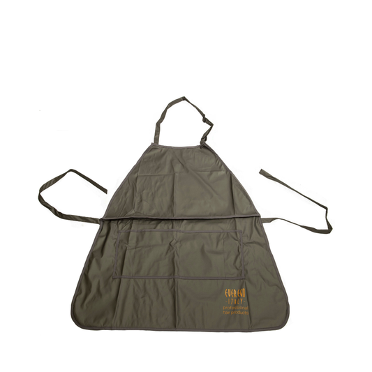 Olive green salon apron with pockets, branded Ever Ego Italy for professional hair products