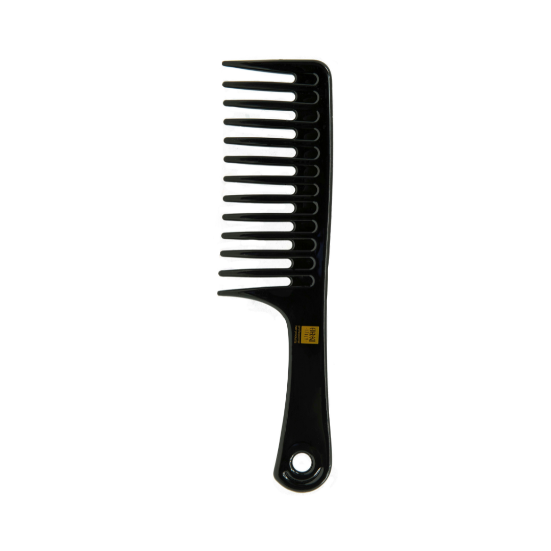 Black wide-tooth detangling comb for curly hair, salon styling tool with ergonomic handle