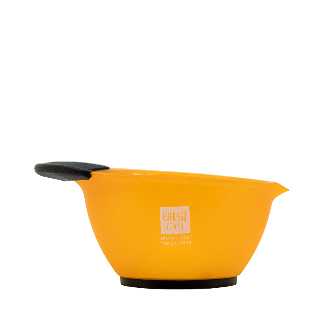 Orange Ever Ego Italy professional hair mixing bowl with black handle and base for salon use