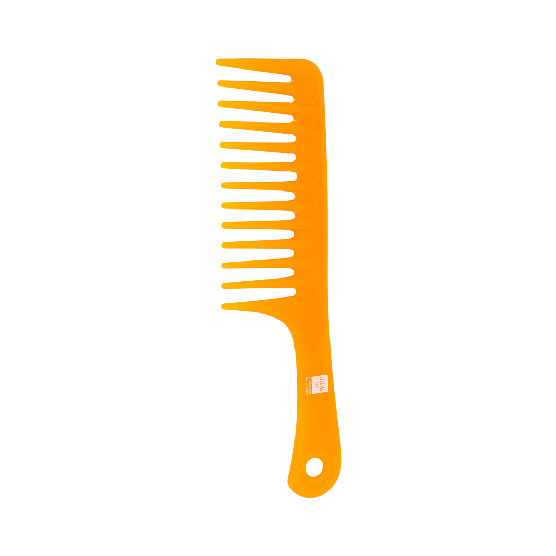 Bright orange wide-tooth detangling comb for curly hair styling