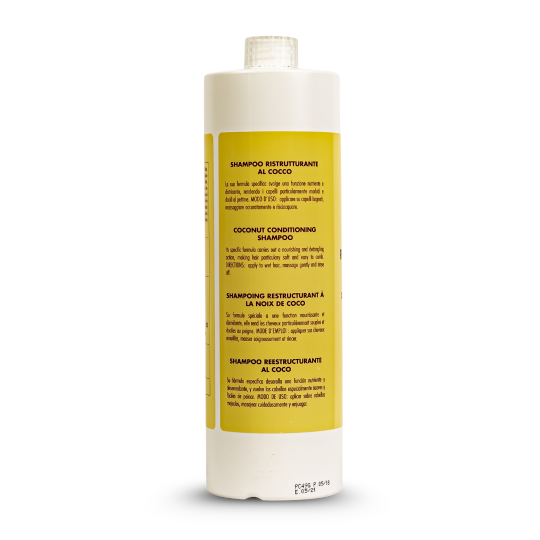 Coconut conditioning shampoo bottle with multilingual label, nourishing and detangling formula for soft hair