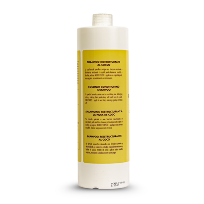Coconut conditioning shampoo bottle with multilingual label, nourishing and detangling formula for soft hair