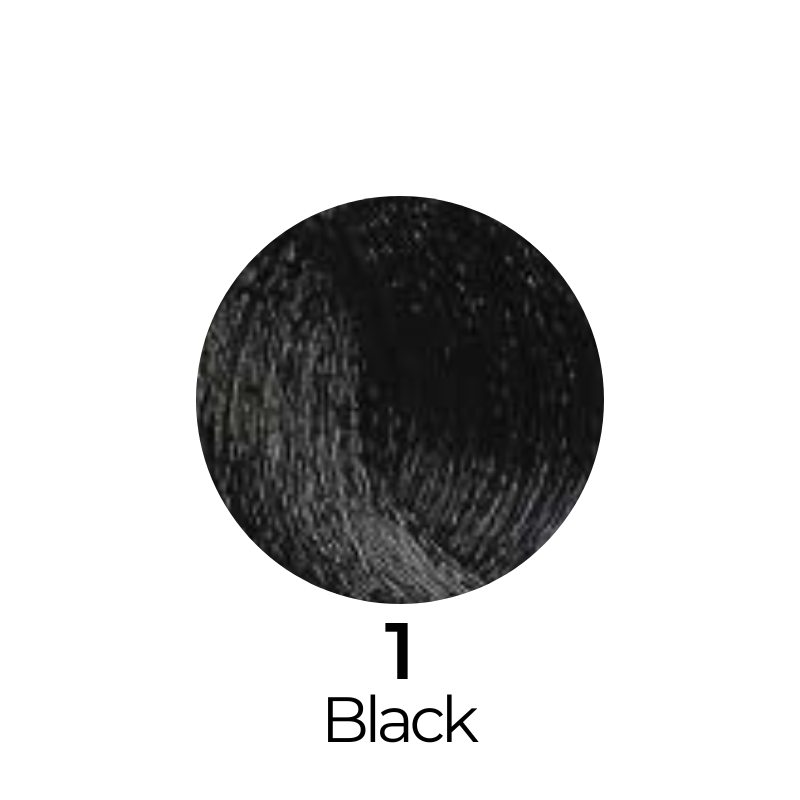 Black hair dye swatch labeled 1 Black, showcasing deep pigment for salon-quality color results