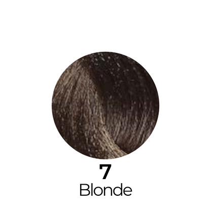 Hair color swatch 7 Blonde, showcasing rich brown tones with blonde highlights for beauty styling.