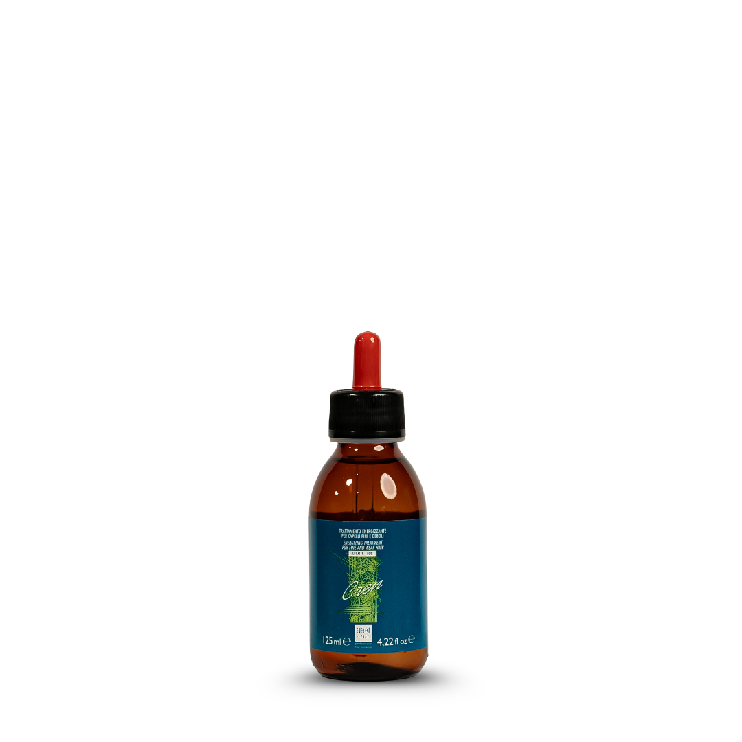 Energizing hair treatment for fine and weak hair in amber glass bottle with dropper