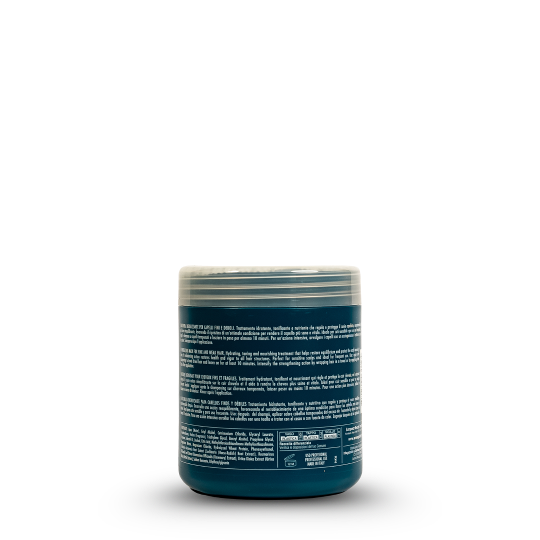 Hydrating hair mask for fine & weak hair, nourishing treatment in teal jar, made in Italy