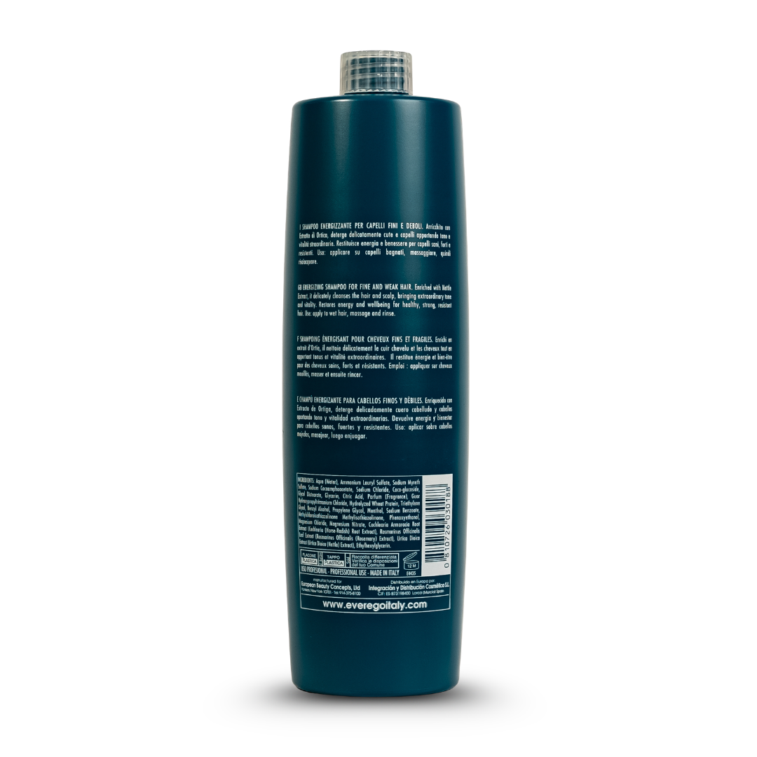 Energizing shampoo for fine and weak hair, enriched with nettle extract, made in Italy