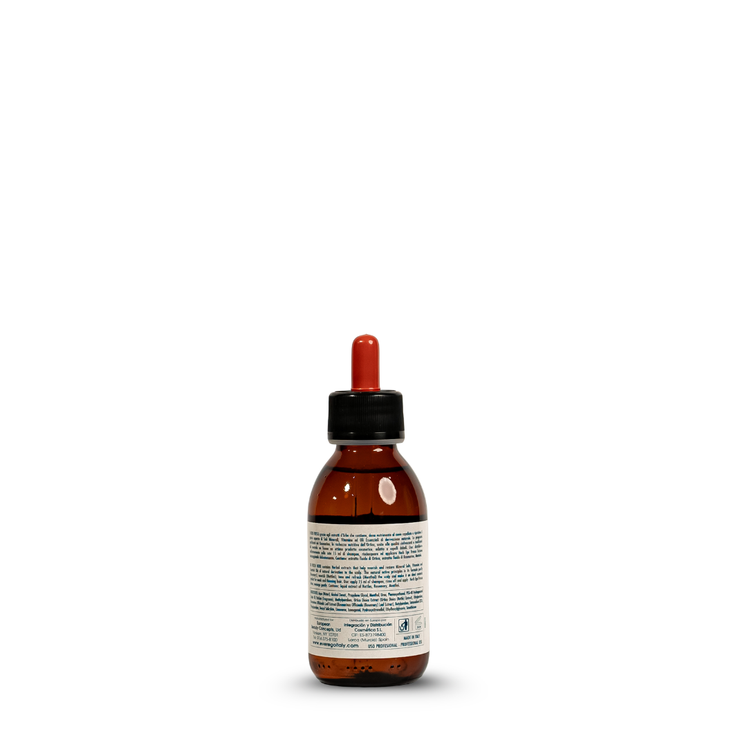 Amber glass dropper bottle with black cap and red dropper, labeled for professional beauty use
