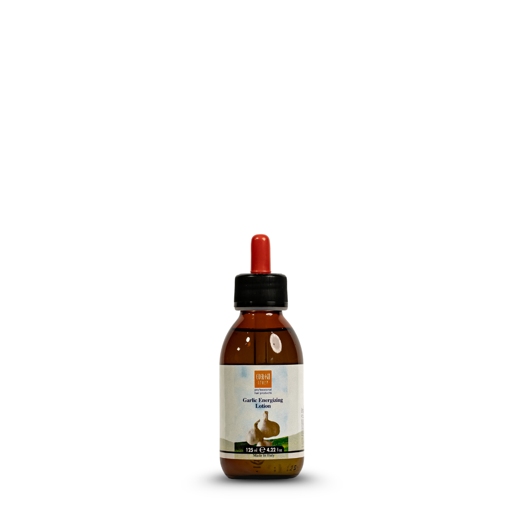 Garlic Energizing Lotion for hair care, 125ml amber bottle with dropper, made in Italy