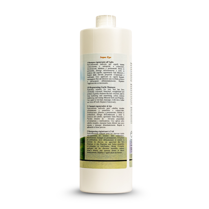 Regenerating garlic shampoo for chemically treated hair with mineral salts and peptides