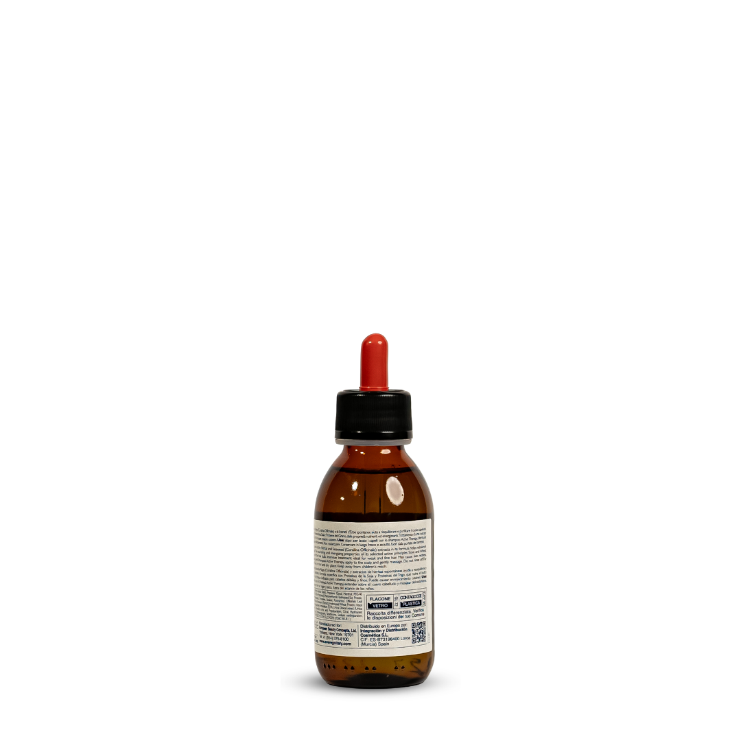 Amber glass bottle with dropper, labeled hair treatment for weak or fine hair, European beauty product