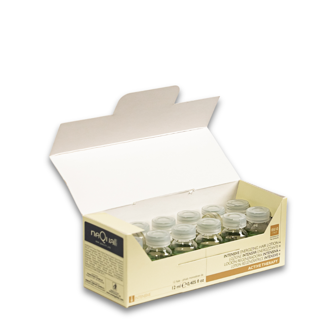 Intensive energizing hair lotion ampoules in open box, 12 vials for active therapy treatment