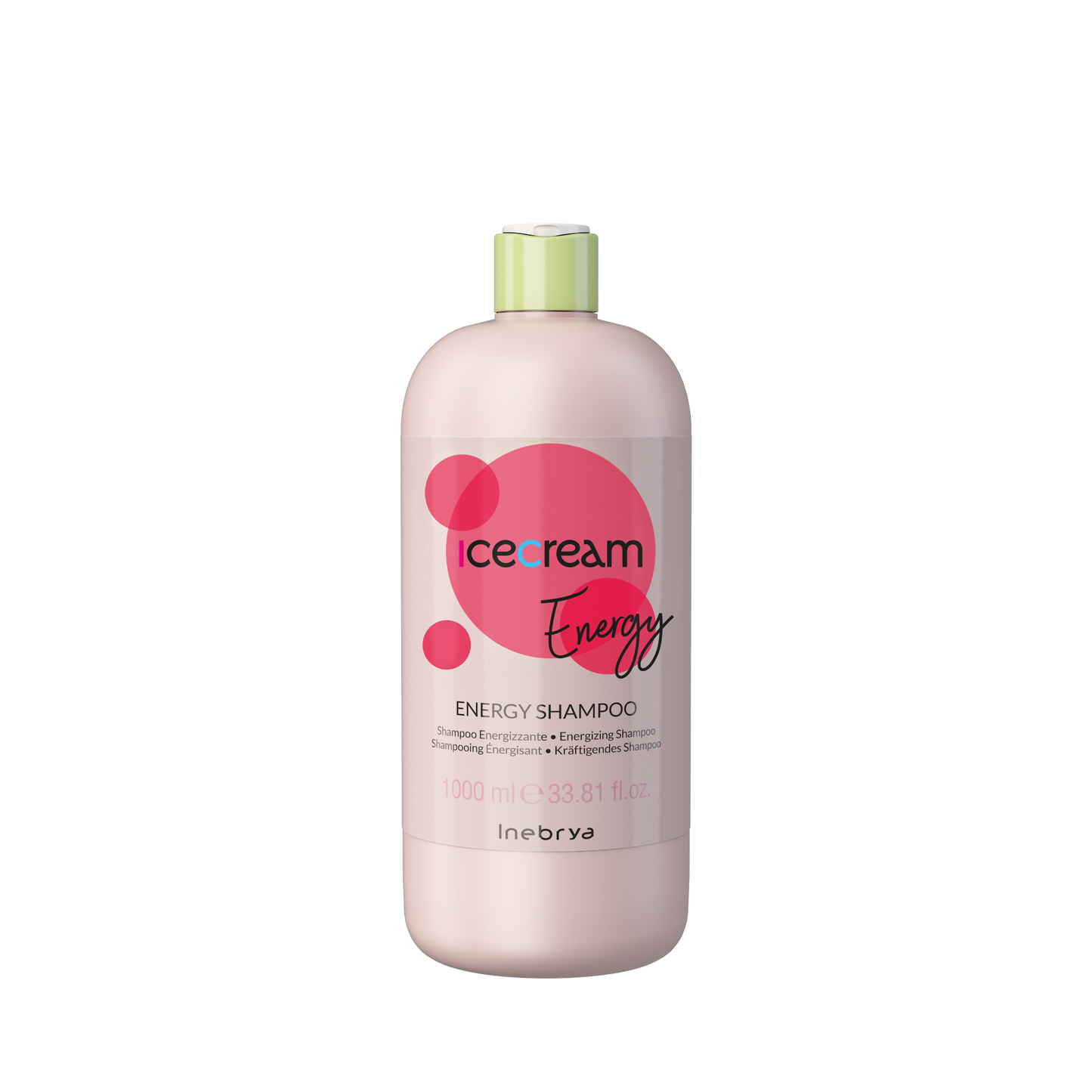 Icecream Energy Shampoo 1000ml bottle with pink label and green cap, energizing hair care product
