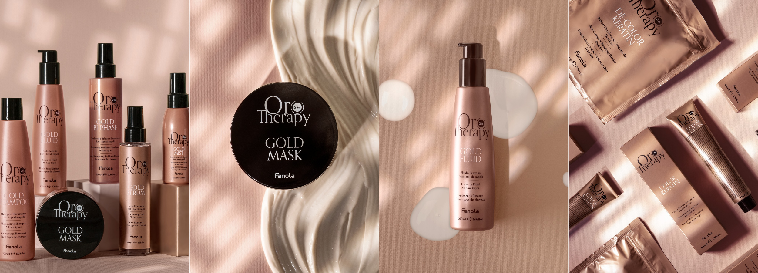 Oro Therapy Gold hair care collection with shampoo, mask, serum, and color keratin treatments on soft pink background