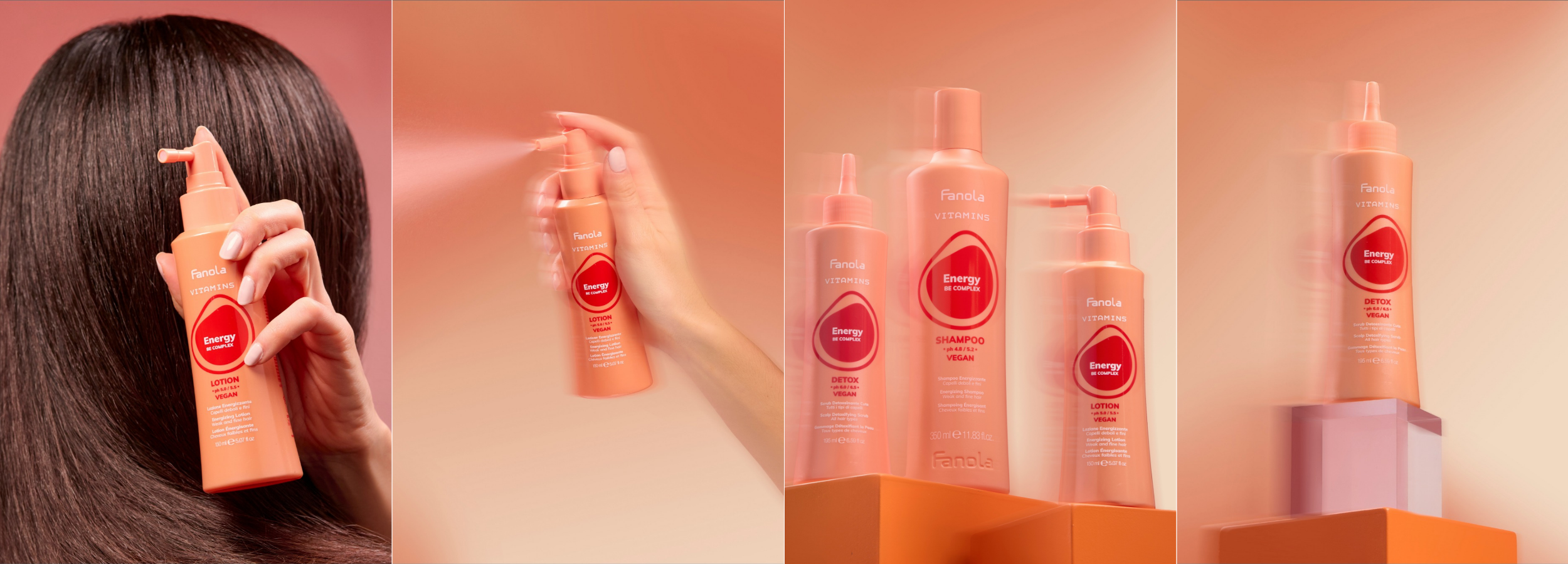 Fanola Energy hair care products: shampoo, lotion, detox spray for vibrant, healthy hair