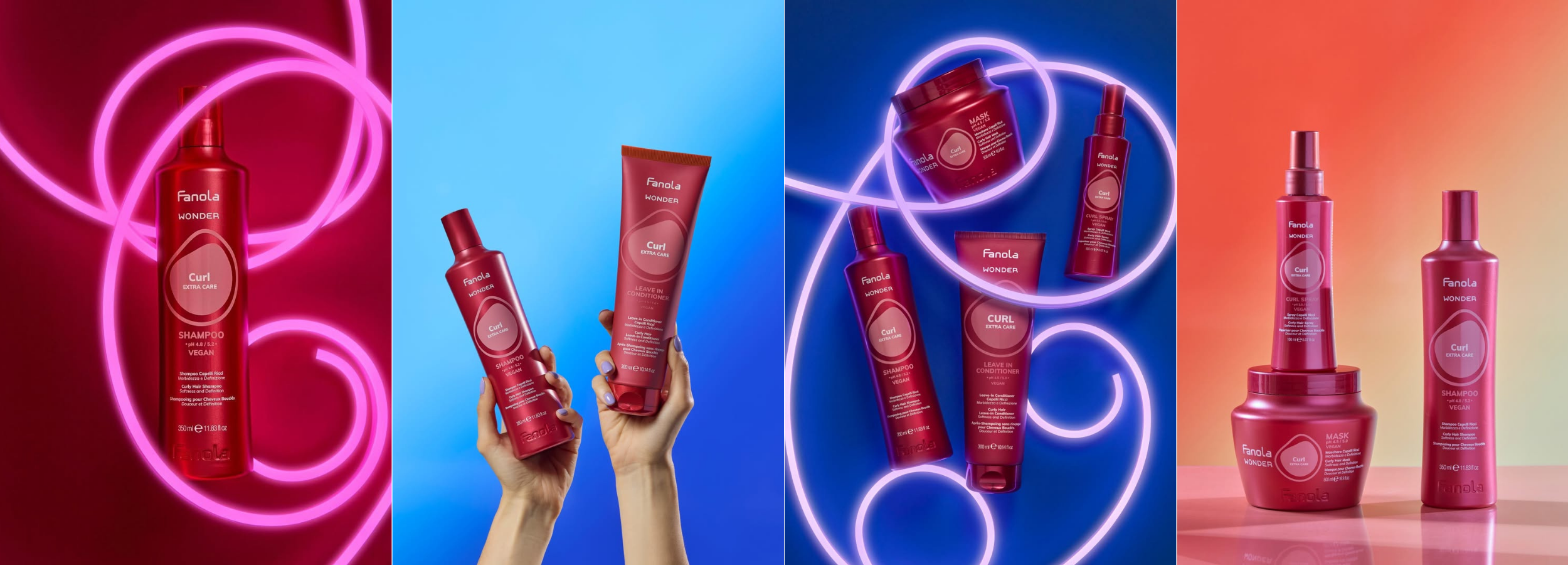 Fanola Wonder Curl Extra Care hair products including shampoo, conditioner, mask, and spray for curly hair