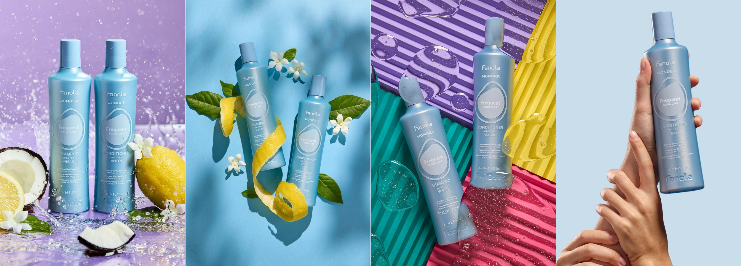 Fanola Wonder Frequent Extra Care vegan shampoo and conditioner with lemon, coconut, and floral accents