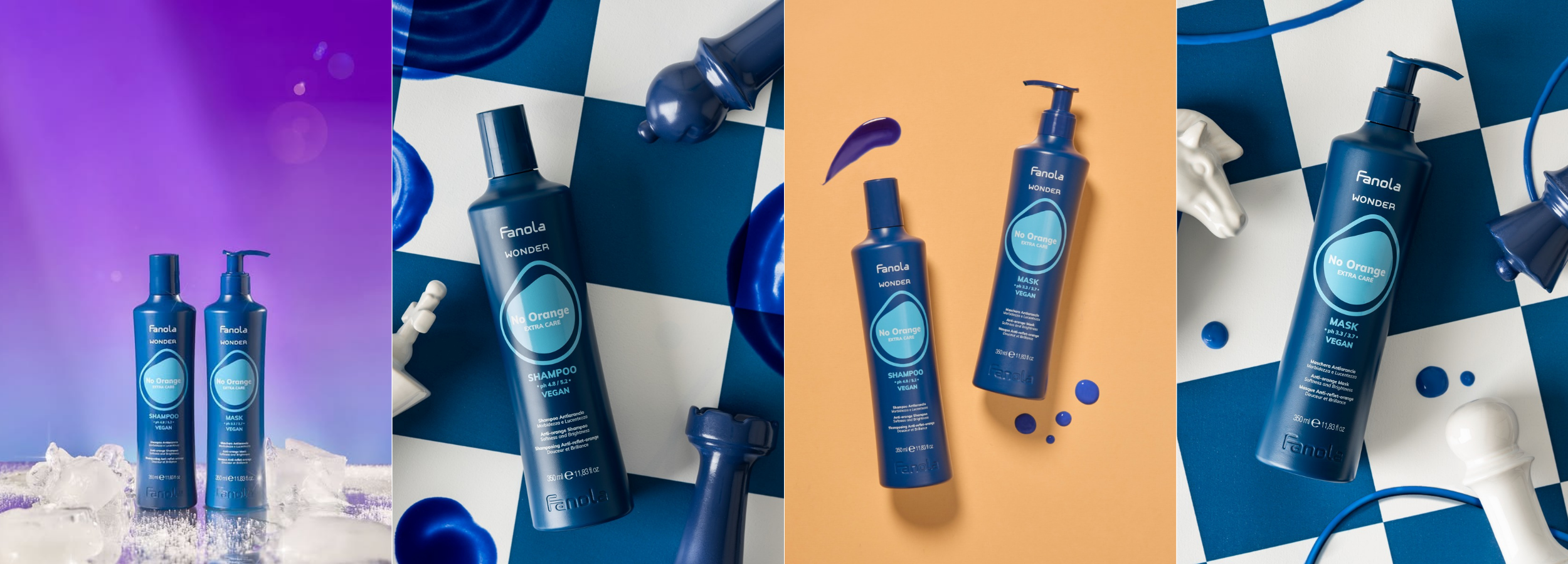 Fanola No Orange shampoo and mask bottles on colorful backgrounds with chess pieces, vegan hair care