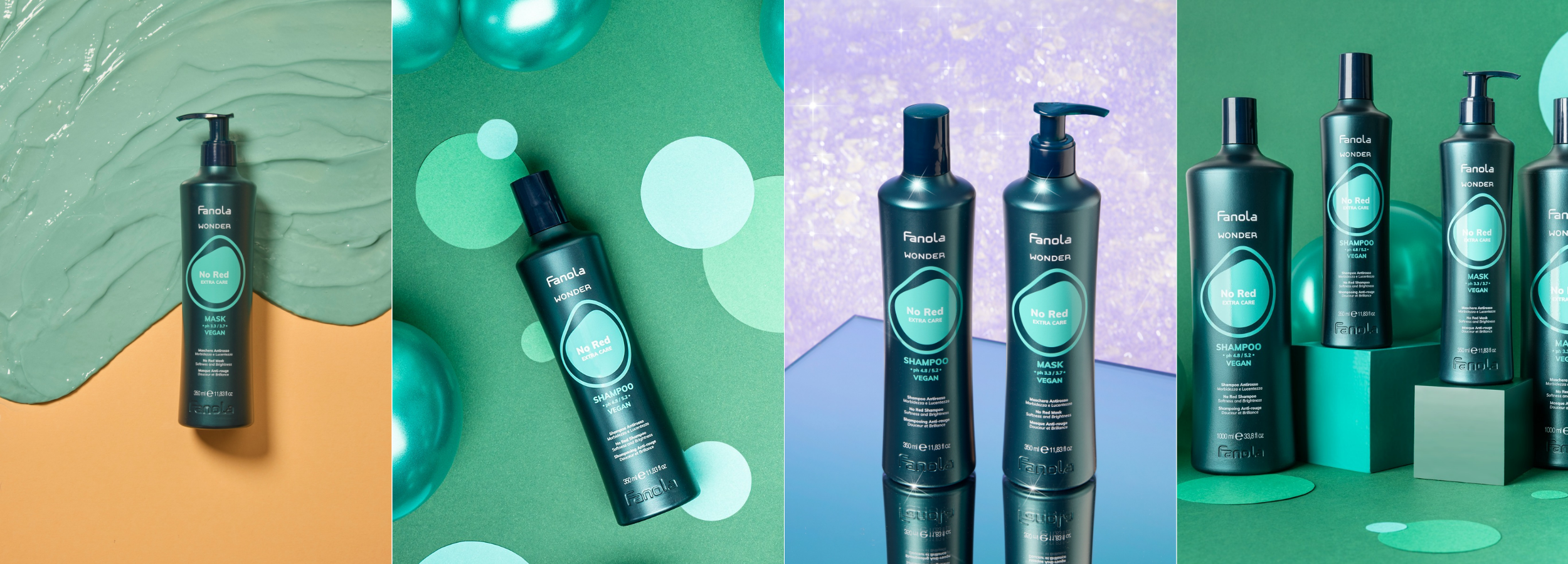 Fanola No Red Extra Care vegan shampoo and mask bottles on colorful studio backgrounds