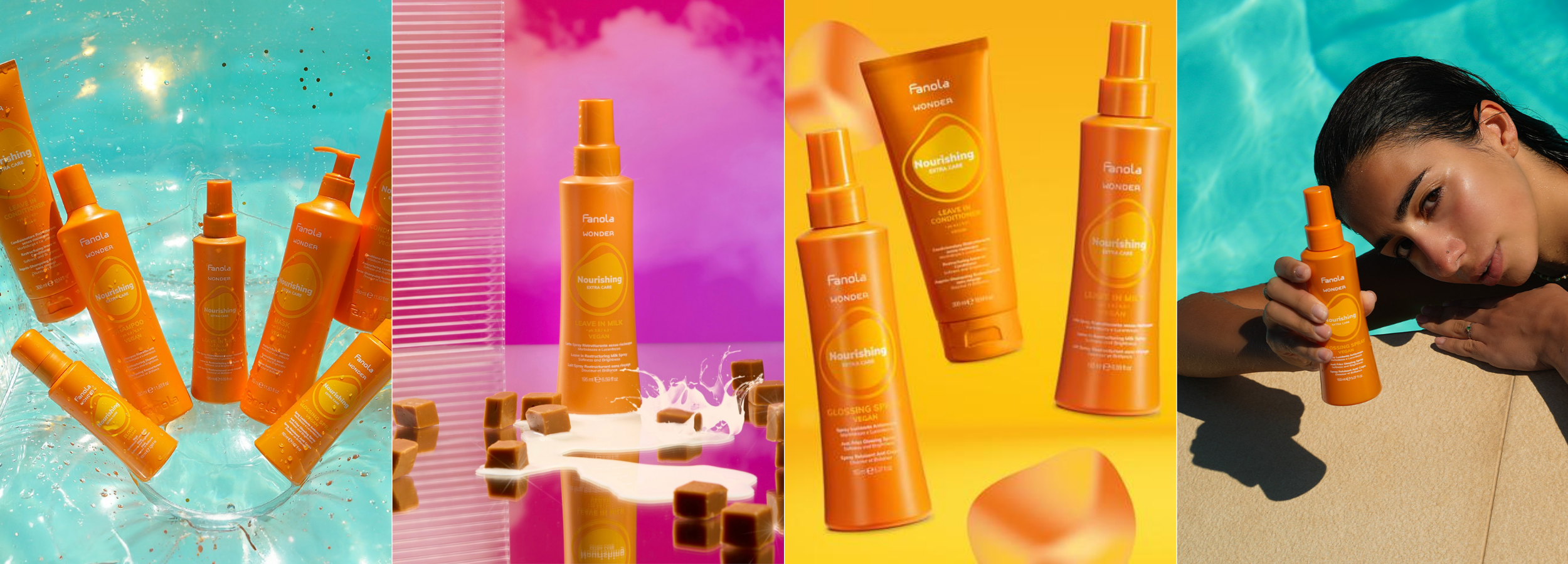 Fanola Wonder Nourishing hair care products in vibrant orange bottles, shown in poolside and studio settings for summer beauty routines.