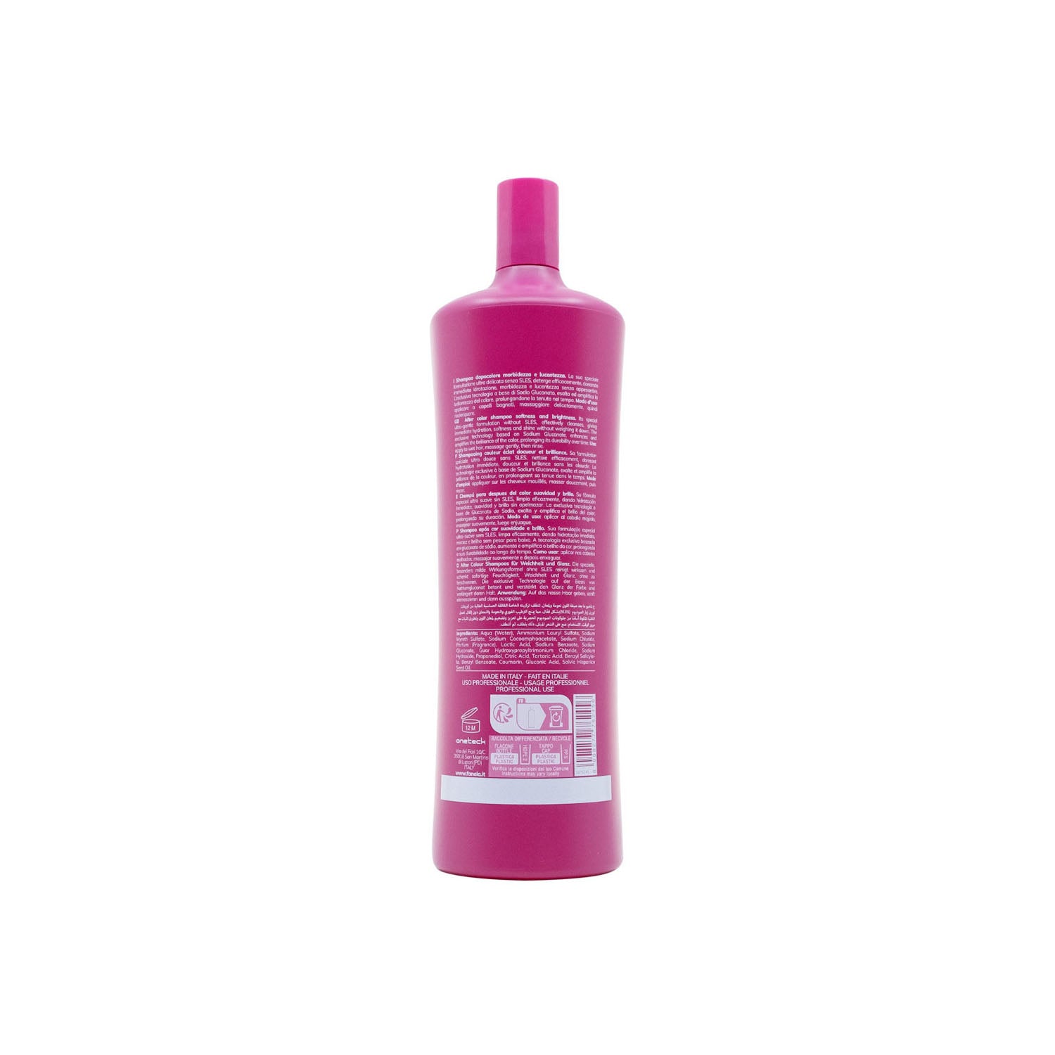 Pink bottle of sulfate-free after-color shampoo for softness and shine, made in Italy