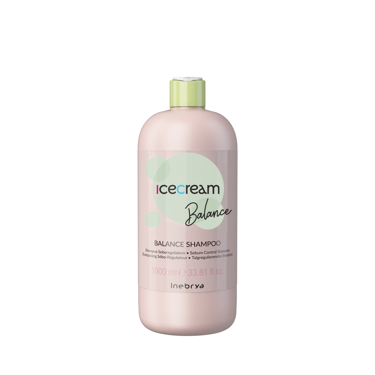 Icecream Balance Shampoo for sebum control, 1000ml bottle with pastel pink design and green cap
