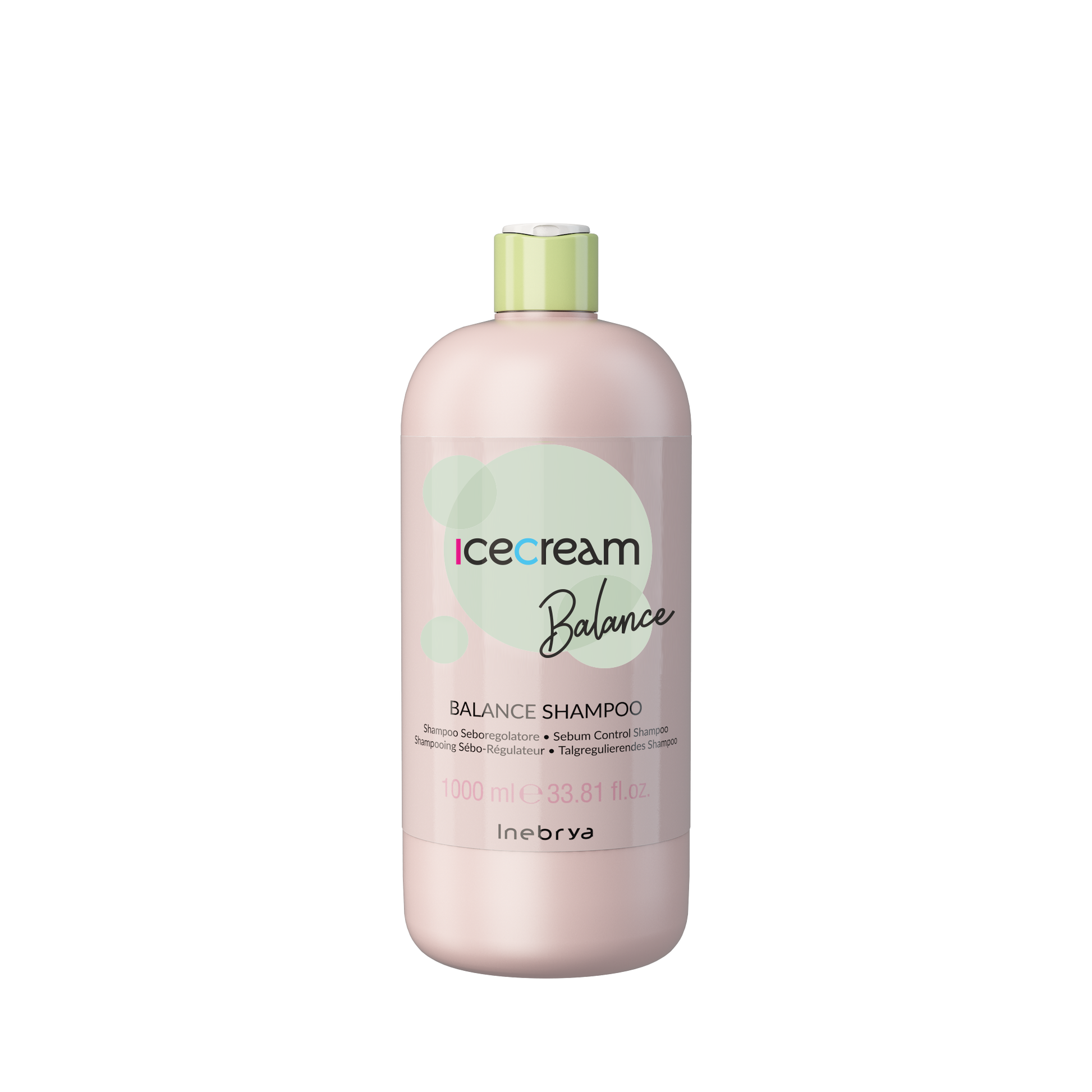 Icecream Balance Shampoo for sebum control, 1000ml bottle with pastel pink design and green cap