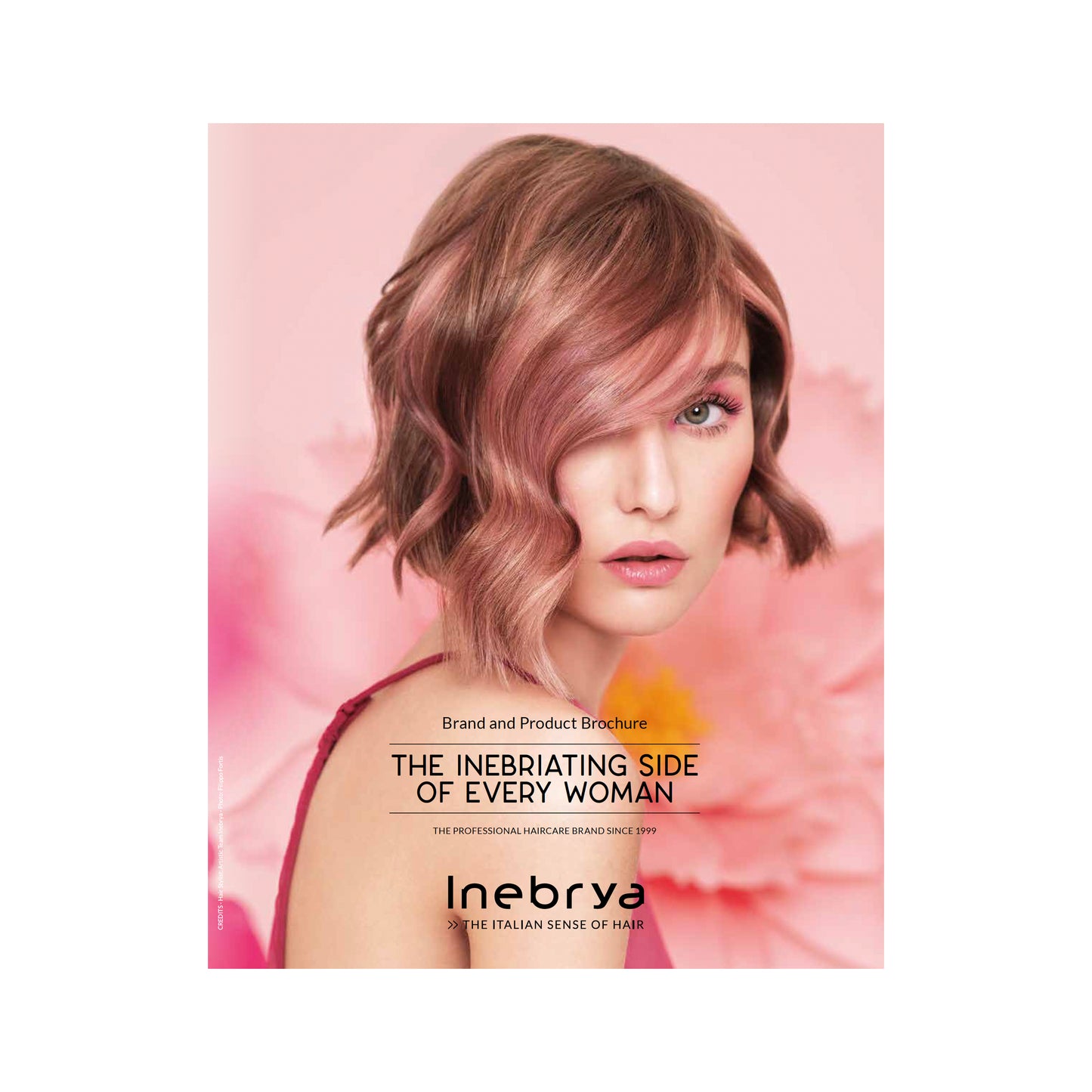 Woman with wavy rose gold hair, pink background, Inebrya haircare brochure, Italian beauty brand since 1999