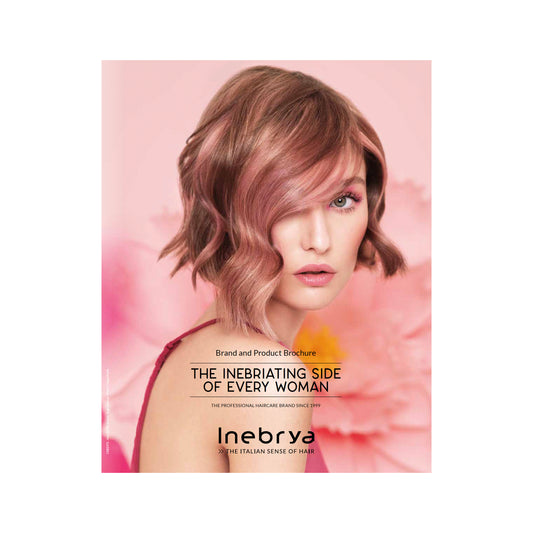 Woman with wavy rose gold hair, pink background, Inebrya haircare brochure, Italian beauty brand since 1999