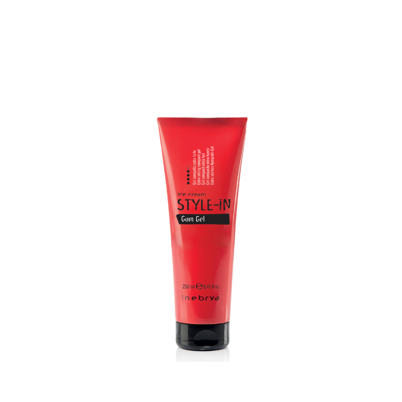 Red tube of Inebrya Style-In Gum Gel hair styling product, 250ml, for strong hold and texture